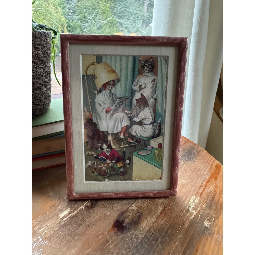 Vintage Anthropomorphic Cat Hair Salon Print Pink Marbled Frame Kitsch Decor